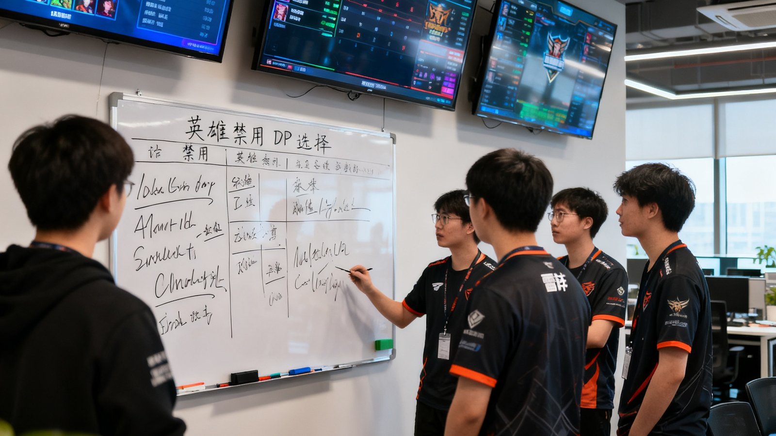雷竞技公司开放式办公区实景，墙面悬挂多块实时赛事数据监控大屏，团队成员正在战术白板前讨论英雄联盟BP策略